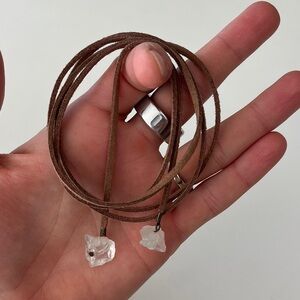 tiny pieces Tan Leather Wrap Necklace with Clear Quartz Crystal Accents